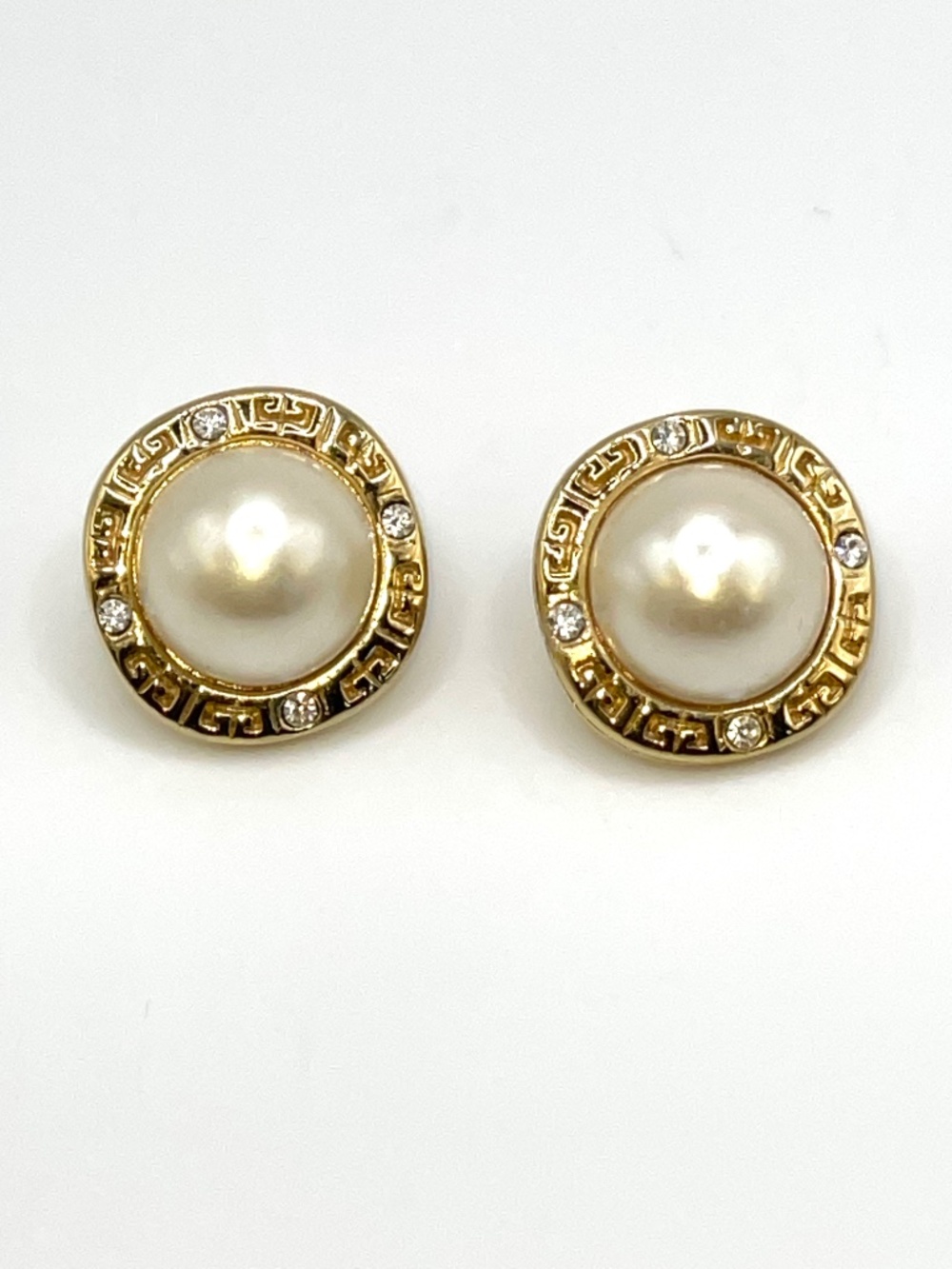 Vintage Givenchy Paris New York 80's Gold Plated Faux Pearl Pierced Earrings